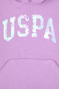 US Polo Assn. Girls' Lilac Sequin Embroidered Fleece Hooded Basic Sweatshirt - Image 3