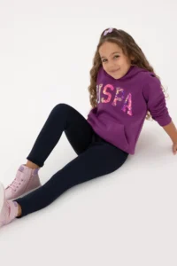 US Polo Assn. Girls' Violet Sequin Embroidered Fleece Hooded Basic Sweatshirt - Image 2