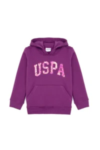US Polo Assn. Girls' Violet Sequin Embroidered Fleece Hooded Basic Sweatshirt - Image 3
