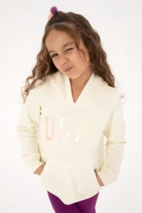US Polo Assn. Girls' Cream Sequin Embroidered Fleece Hooded Basic Sweatshirt