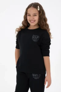 US Polo Assn. Girls' Black Glitter Print Detailed Crew Neck Basic Sweatshirt - Image 3