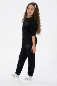US Polo Assn. Girls' Black Glitter Print Detailed Crew Neck Basic Sweatshirt - Image 4