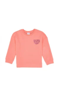 US Polo Assn. Girls' Neon Pink Glitter Print Detailed Crew Neck Basic Sweatshirt - Image 3