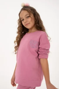US Polo Assn. Girls' Pink Glitter Print Detailed Crew Neck Basic Sweatshirt