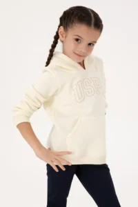 US Polo Assn. Girls' Cream Hooded Fleece Basic Sweatshirt