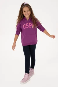 US Polo Assn. Girls' Violet Sequin Embroidered Hooded Basic Sweatshirt - Image 2