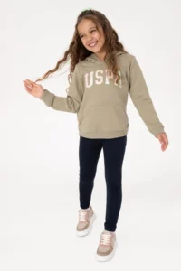 US Polo Assn. Girls' Light Khaki Sequin Embroidered Hooded Basic Sweatshirt - Image 2