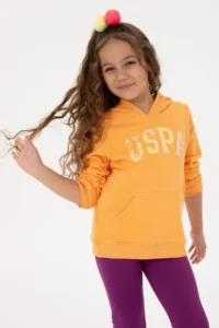 US Polo Assn. Girls' Melon Sequin Embroidered Hooded Basic Sweatshirt