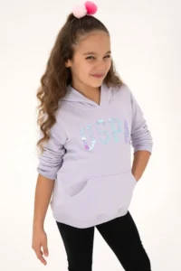 US Polo Assn. Girls' Lilac Sequin Embroidered Hooded Basic Sweatshirt