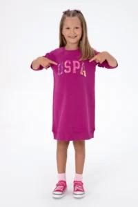 US Polo Assn. Girls' Fuchsia Sequin Detailed Crew Neck Sweat Knitting Dress
