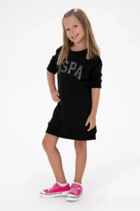 US Polo Assn. Girls' Black Sequin Detailed Crew Neck Sweat Knitting Dress