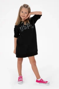 US Polo Assn. Girls' Black Sequin Detailed Crew Neck Sweat Knitting Dress - Image 2