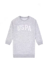 US Polo Assn. Girls' Light Gray Melange Sequin Detailed Crew Neck Sweat Knitting Dress - Image 3