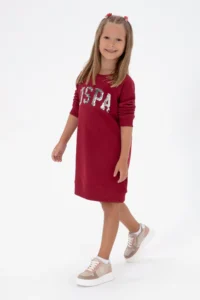 US Polo Assn. Girls' Dark Raspberry Sequin Detailed Crew Neck Sweat Knitting Dress