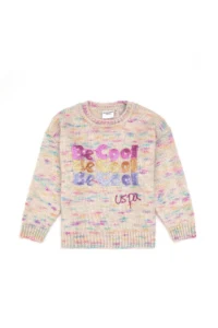 US Polo Assn. Girls' Neon Pink Sequin Embroidered Crew Neck Sweater - Image 2