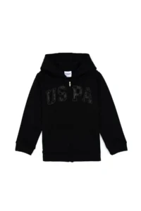 US Polo Assn. Girls' Black Sequin Embroidered Hooded Basic Sweatshirt