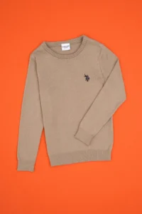 US Polo Assn. Boys' Light Khaki Crew Neck Basic Sweater