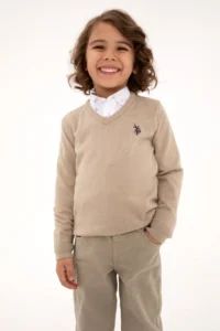 US Polo Assn. Boys' Light Khaki V-neck Basic Sweater