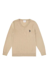 US Polo Assn. Boys' Light Khaki V-neck Basic Sweater - Image 3