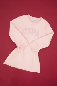 US Polo Assn. Girls' Dusty Pink Sequin Embroidered Sweat Knitting Dress