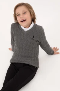 US Polo Assn. Boys' Gray Melanj V-neck Basic Sweater
