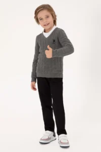 US Polo Assn. Boys' Gray Melanj V-neck Basic Sweater - Image 2