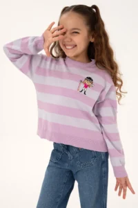 US Polo Assn. Girls' Lilac Striped Crew Neck Sweater