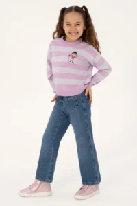US Polo Assn. Girls' Lilac Striped Crew Neck Sweater - Image 2