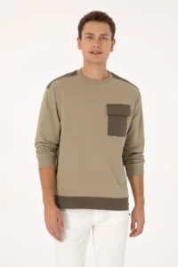 US Polo Assn. Men comfort Fit Crew Neck Pocket Detailed Light Khaki Sweatshirt