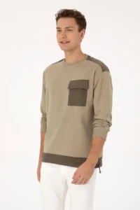 US Polo Assn. Men comfort Fit Crew Neck Pocket Detailed Light Khaki Sweatshirt - Image 3