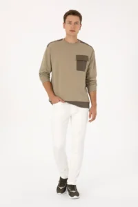 US Polo Assn. Men comfort Fit Crew Neck Pocket Detailed Light Khaki Sweatshirt - Image 4