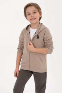 US Polo Assn. Boys' Dark Beige Zippered Hooded Sweatshirt