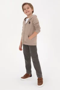 US Polo Assn. Boys' Dark Beige Zippered Hooded Sweatshirt - Image 2