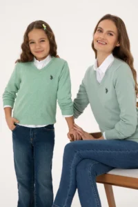 US Polo Assn. Girls' Green Melanj V-neck Basic Sweater
