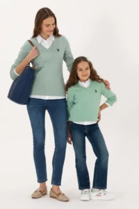 US Polo Assn. Girls' Green Melanj V-neck Basic Sweater - Image 2