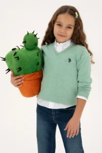 US Polo Assn. Girls' Green Melanj V-neck Basic Sweater - Image 3