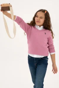 US Polo Assn. Girls' Pink V-neck Basic Sweater - Image 3