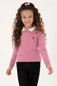 US Polo Assn. Girls' Pink Crew Neck Basic Sweater