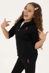 US Polo Assn. Girls' Black Hooded Zippered Fleece Basic Sweatshirt - Image 3