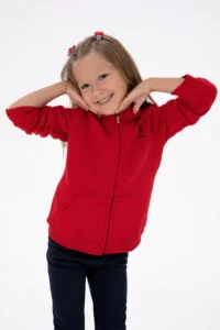 US Polo Assn. Girls' Red Hooded Zippered Fleece Basic Sweatshirt