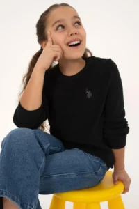 US Polo Assn. Girls' Black Crew Neck Basic Sweater
