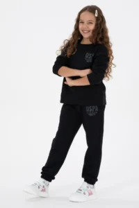 US Polo Assn. Girls' Black Glitter Print Detailed Jogger Sweatpants - Image 3