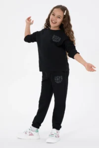 US Polo Assn. Girls' Black Glitter Print Detailed Jogger Sweatpants - Image 4