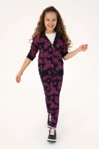 US Polo Assn. Girls' Navy Blue Hooded Zippered Floral Patterned Sweatshirt - Image 2