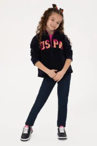 US Polo Assn. Girls' Navy Blue Half Zippered Sequined Sweatshirt - Image 2