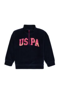 US Polo Assn. Girls' Navy Blue Half Zippered Sequined Sweatshirt - Image 3