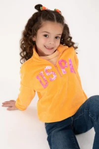 US Polo Assn. Girls' Orange Half Zippered Sequined Sweatshirt