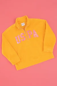 US Polo Assn. Girls' Orange Half Zippered Sequined Sweatshirt - Image 3