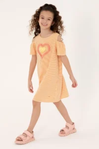 US Polo Assn. Girls' Orange Heart Embroidered Striped Shoulder Detailed Weaving Dress