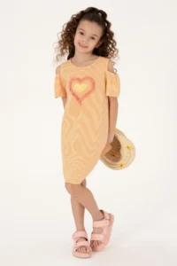 US Polo Assn. Girls' Orange Heart Embroidered Striped Shoulder Detailed Weaving Dress - Image 2